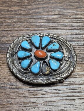 Vintage Sterling Silver Turquoise Coral Hallmark K Belt Buckle